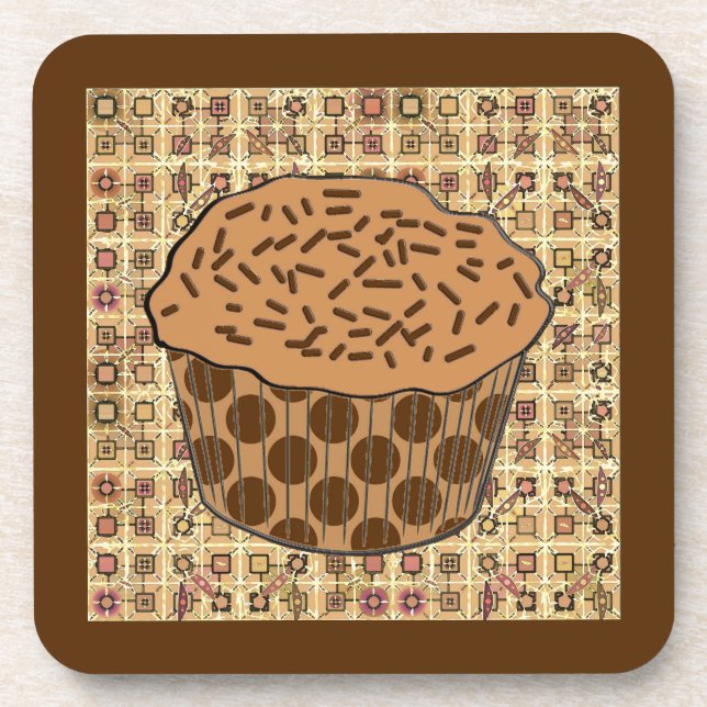 Caramel Frosted Cupcake with Sprinkles Beverage Coaster (Front)