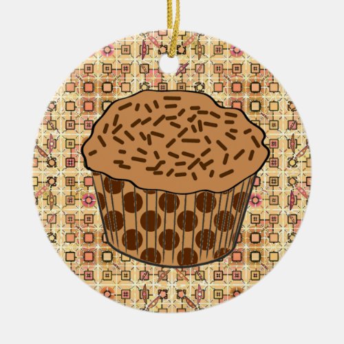 Caramel Frosted Cupcake with Sprinkles Ceramic Ornament