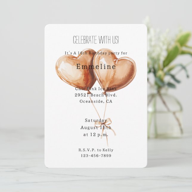 Caramel Heart Balloons Birthday Invitation (Standing Front)