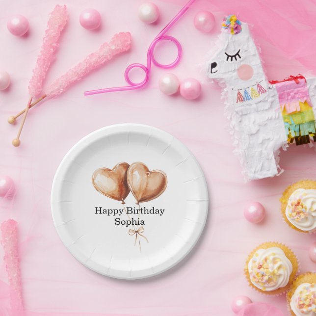 Caramel Heart Balloons Birthday Paper Plates (Party)
