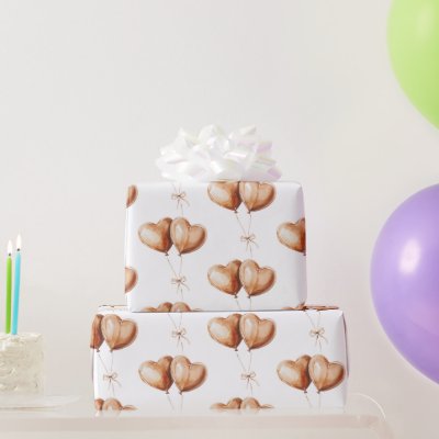 Caramel Heart Balloons Birthday Wrapping Paper