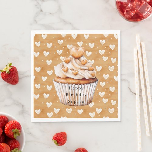 Caramel Hearts Cupcake Birthday   Napkins