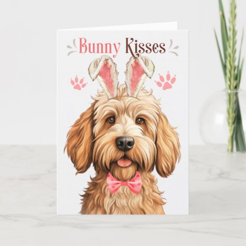 Caramel Labradoodle Dog in Bunny Ears for Easter Holiday Card