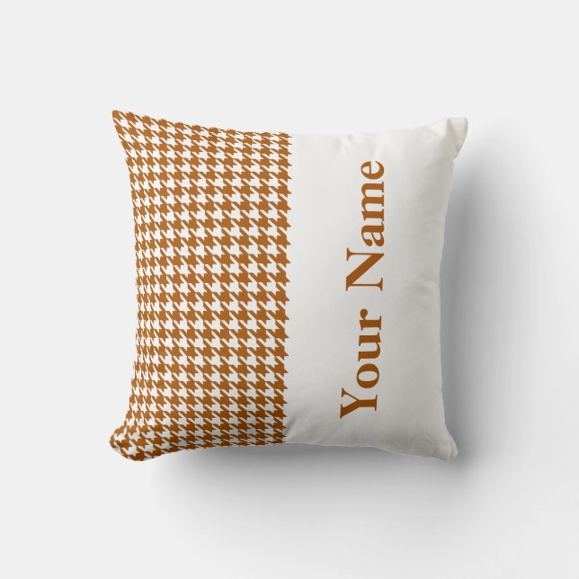 Caramel Modern Houndstooth with Name Throw Pillow (Front)