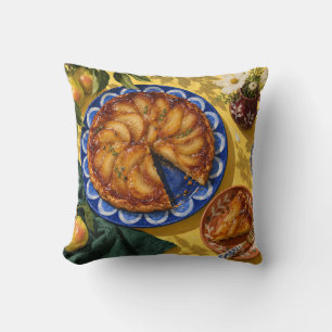 Caramel Pear Tart Blue Plate Yellow Tea Table Throw Pillow