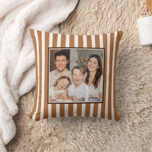 Caramel Terracotta Striped Custom Photo Farmhouse Throw Pillow