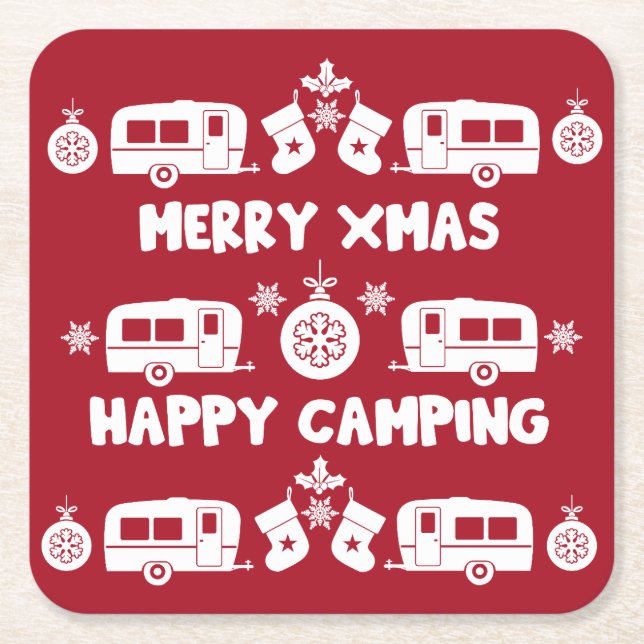 Caravan Happy Christmas Camping   Square Paper Coaster (Front)