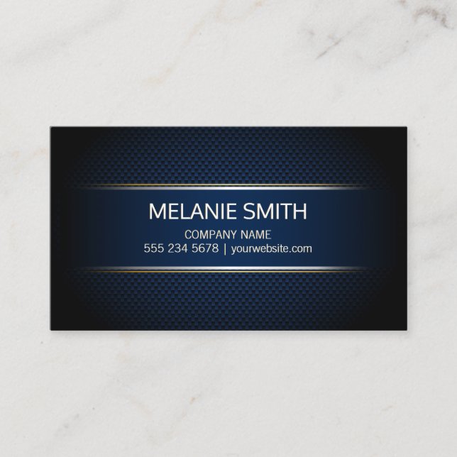 Carbon Fiber Blue Background Yellow White Lines Business Card (Front)
