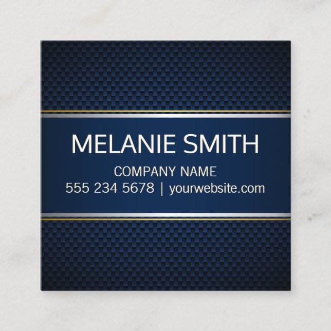 Carbon Fiber Blue Background Yellow White Lines Square Business Card (Front)