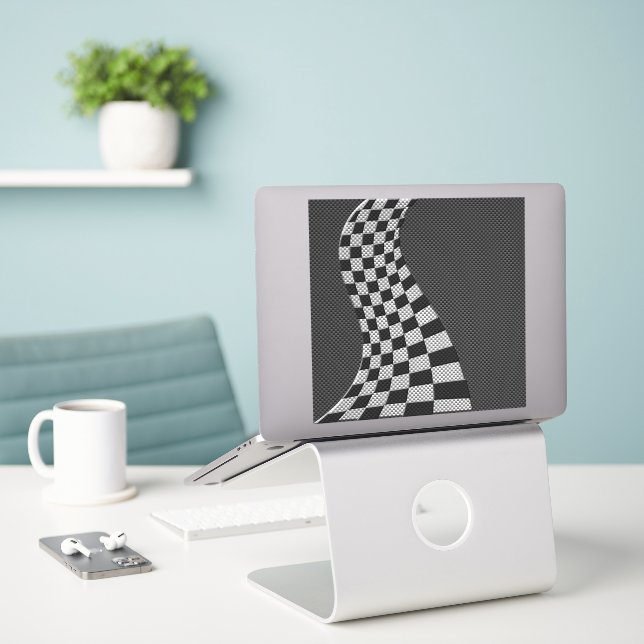 Carbon Fiber Like Racing Flag Wave Print Sticker (Laptop On Desk)