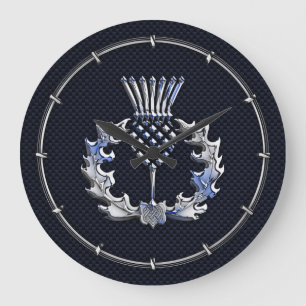 Carbon Fiber Print Silver Scottish Thistle Large Clock