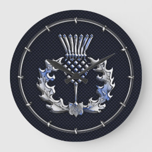 Carbon Fiber Print Silver Scottish Thistle Large Clock