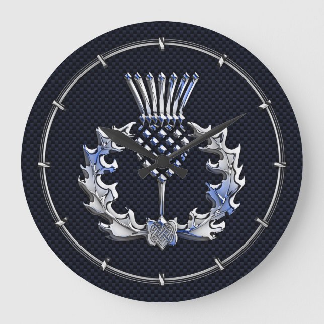 Carbon Fiber Print Silver Scottish Thistle Large Clock (Front)