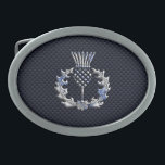 Carbon Fiber Print Silver Scottish Thistle Oval Belt Buckle<br><div class="desc">A silver chrome like Scottish thistle applique design on a racy navy blue carbon fiber style print background. Embroidery designs are available in a selection of popular color options. Use the "Ask this Designer" link to contact us with your special design requests or for some assistance with your customization project....</div>
