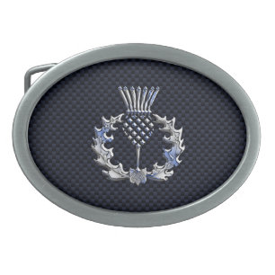 Carbon Fiber Print Silver Scottish Thistle Oval Belt Buckle
