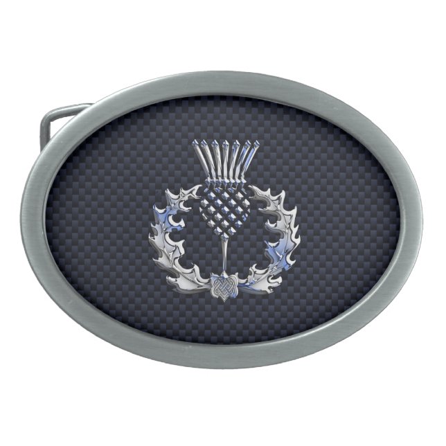 Carbon Fiber Print Silver Scottish Thistle Oval Belt Buckle (Front)