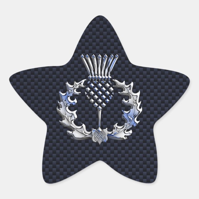 Carbon Fiber Print Silver Scottish Thistle Star Sticker (Front)