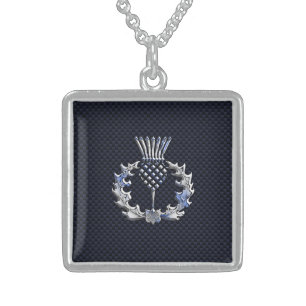 Carbon Fiber Print Silver Scottish Thistle Sterling Silver Necklace
