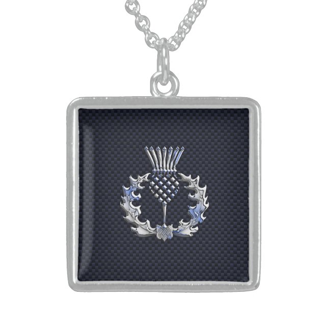 Carbon Fiber Print Silver Scottish Thistle Sterling Silver Necklace (Front)