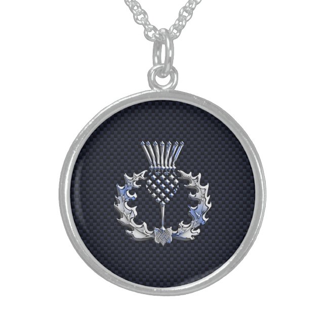 Carbon Fiber Print Silver Scottish Thistle Sterling Silver Necklace (Front)