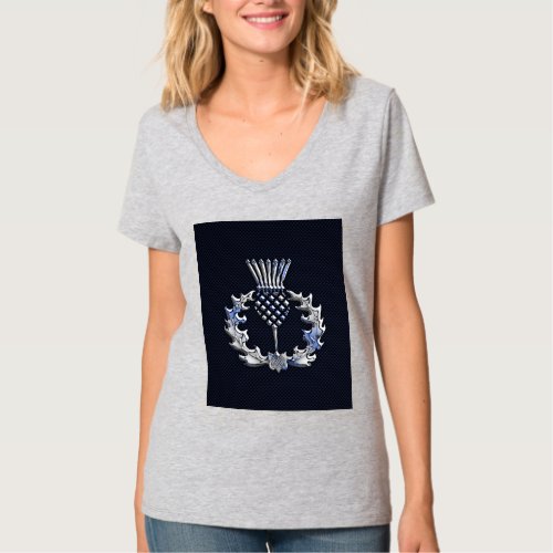 Carbon Fiber Print Silver Scottish Thistle T_Shirt