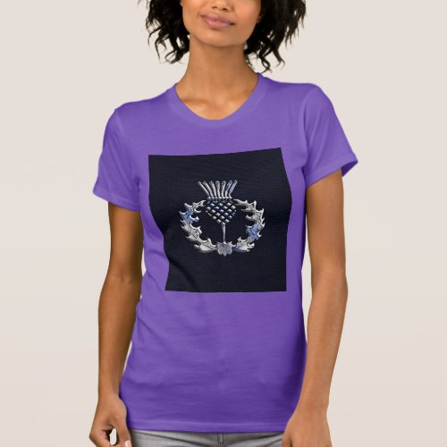 Carbon Fiber Print Silver Scottish Thistle T_Shirt