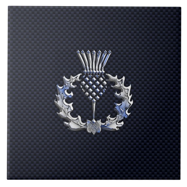 Carbon Fiber Print Silver Scottish Thistle Tile (Front)