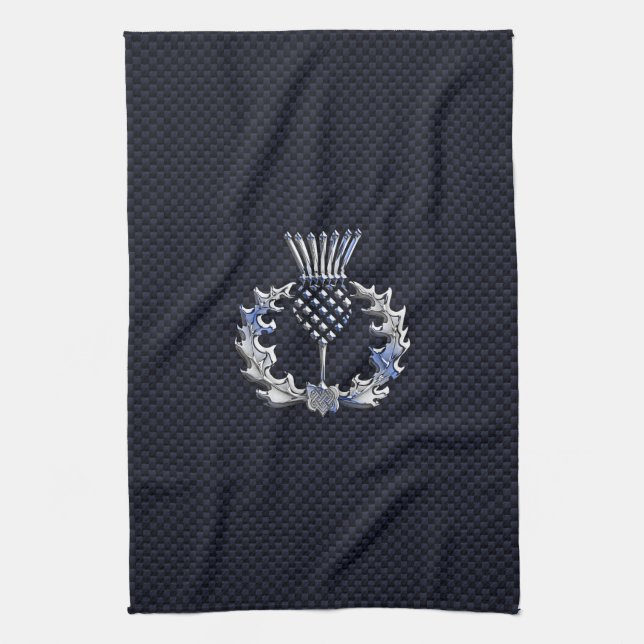 Carbon Fiber Print Silver Scottish Thistle Towel (Vertical)