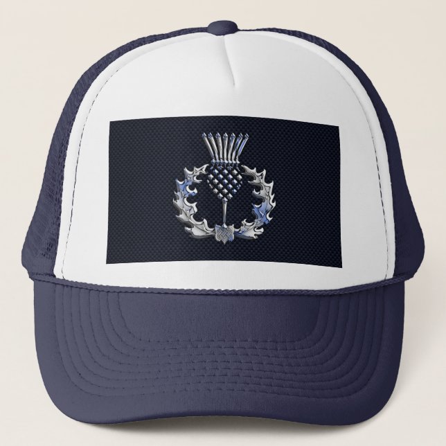 Carbon Fiber Print Silver Scottish Thistle Trucker Hat (Front)