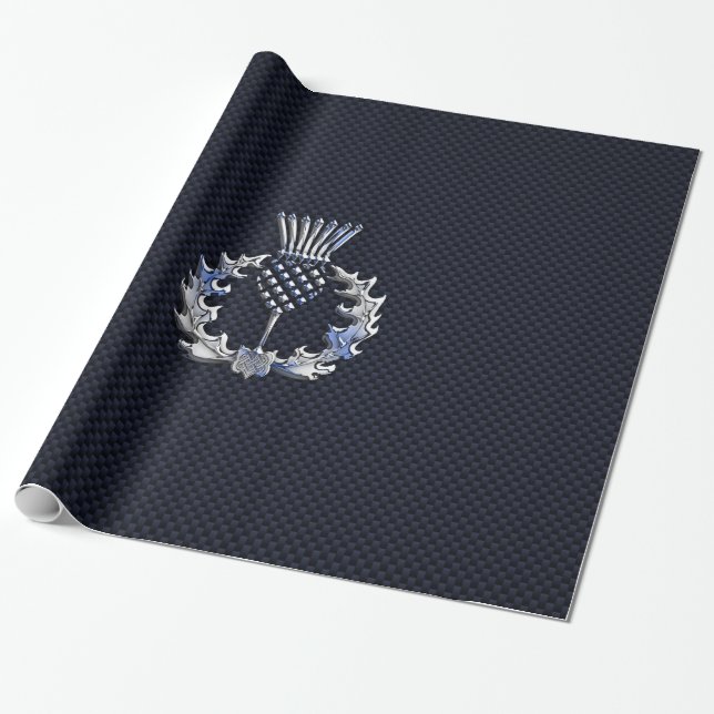 Carbon Fiber Print Silver Scottish Thistle Wrapping Paper (Unrolled)