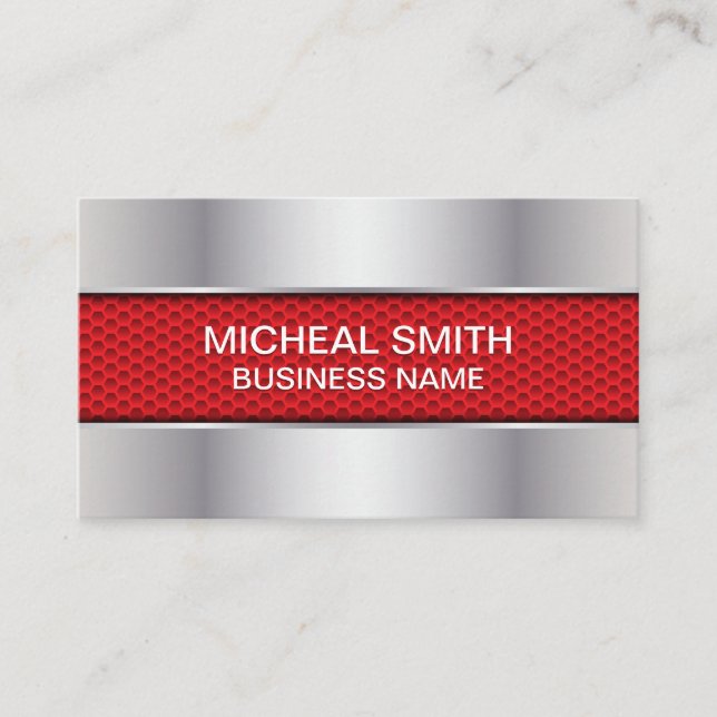 Carbon Fiber Red | Silver Metallic Business Card (Front)
