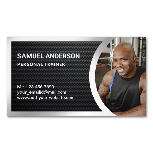 Carbon Fiber Silver Fitness Personal Trainer Photo Business Card Magnet (Front)