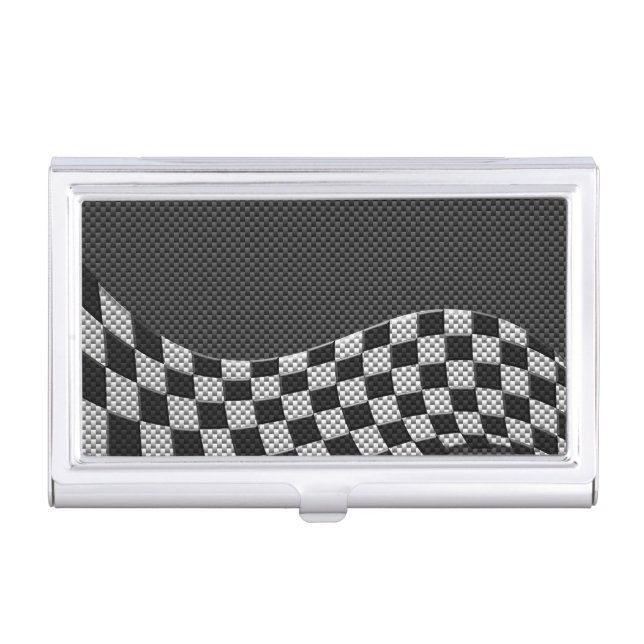 Carbon Fiber Style Checkered Racing Flag Wave Business Card Case (Front)