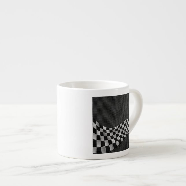 Carbon Fiber Style Checkered Racing Flag Wave Espresso Cup (Front Right)