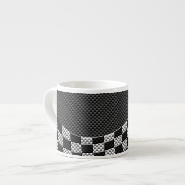 Carbon Fiber Style Checkered Racing Flag Wave Espresso Cup (Front Left)