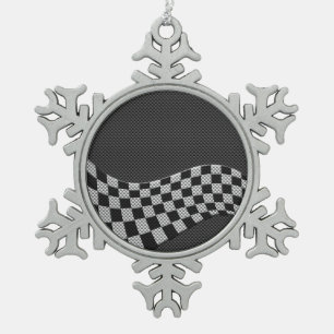 Carbon Fiber Style Checkered Racing Flag Wave Snowflake Pewter Christmas Ornament