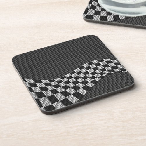 Carbon Fiber Style Racing Flag Checkers Wave Print Drink Coaster