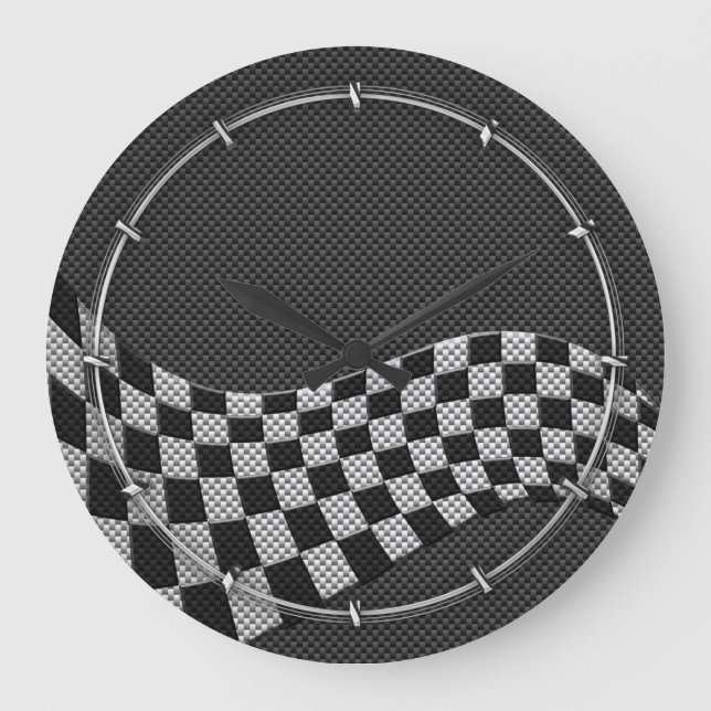Carbon Fiber Style Racing Flag Checkers Wave Print Large Clock (Front)