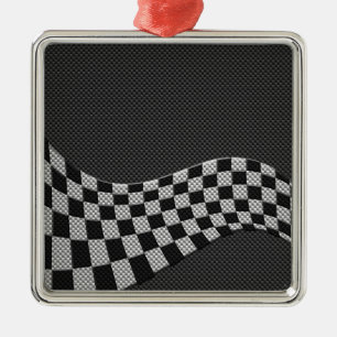 Carbon Fiber Style Racing Flag Checkers Wave Print Metal Ornament