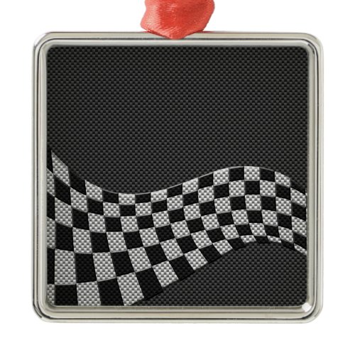 Carbon Fiber Style Racing Flag Checkers Wave Print Metal Ornament