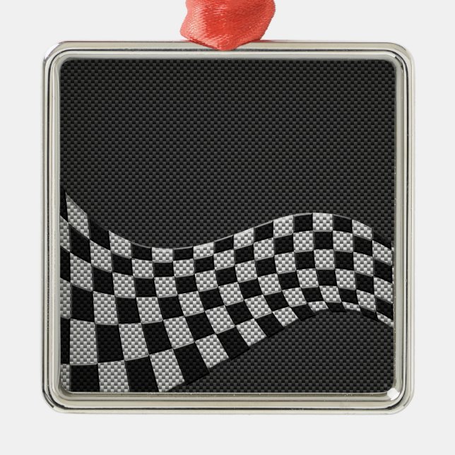 Carbon Fiber Style Racing Flag Checkers Wave Print Metal Ornament (Front)