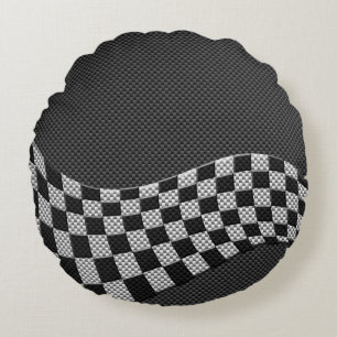Carbon Fiber Style Racing Flag Checkers Wave Print Round Pillow