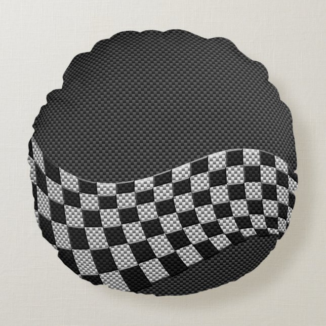 Carbon Fiber Style Racing Flag Checkers Wave Print Round Pillow (Front)