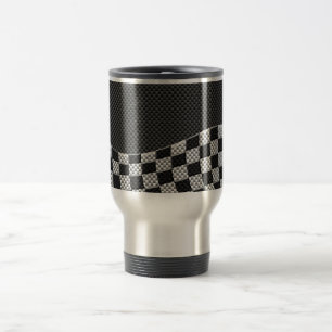 Carbon Fiber Style Racing Flag Checkers Wave Print Travel Mug