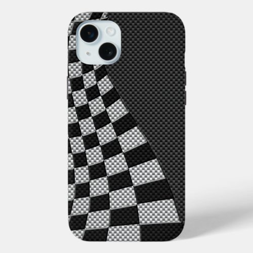 Carbon Fiber Style Racing Flag Wave Print iPhone 15 Plus Case
