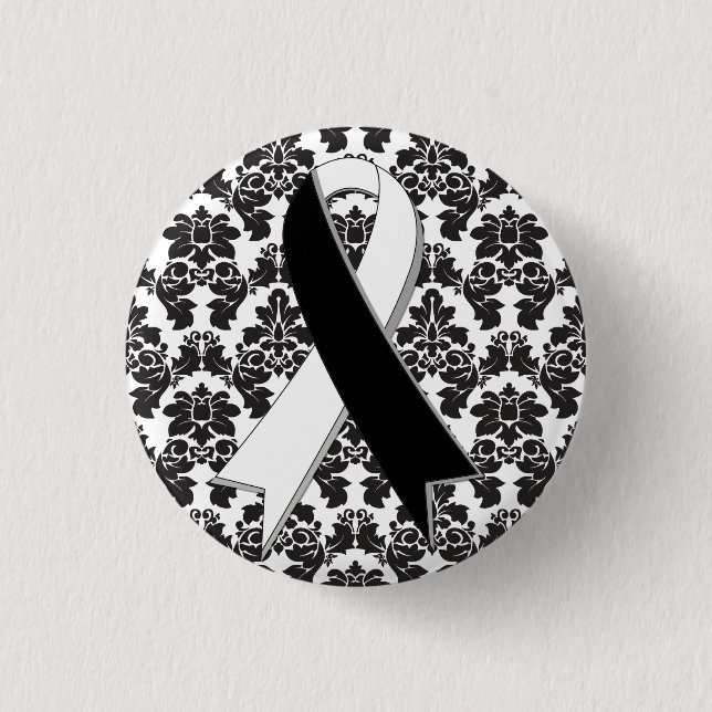 Carcinoid Cancer Damask Black and White Ribbon Pinback Button (Front)
