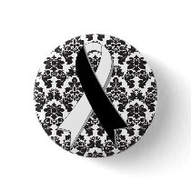 Carcinoid Cancer Damask Black and White Ribbon Pinback Button