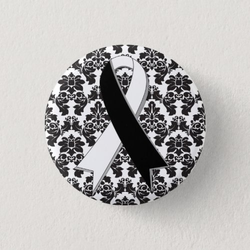 Carcinoid Cancer Damask Black and White Ribbon Pinback Button