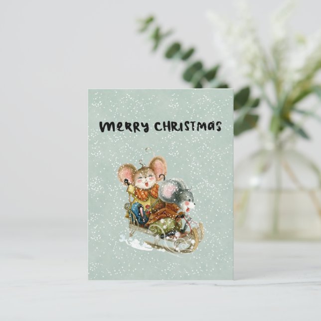 Card (10,8 x 14,2 cm) - Two Mice On A Sleigh (Standing Front)