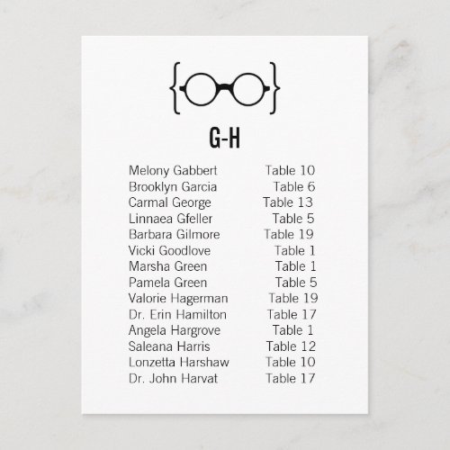 Card 5 Geeky Glasses Seating Chart Postcard v1